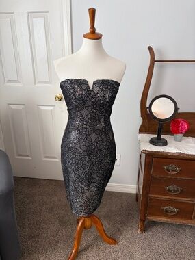 Strapless Black and silver Lace and sparkle Sheath Dress
